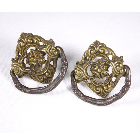 Antique cast brass drawer pulls with drop handle, vintage salvaged hardware, - Picture 1 of 8